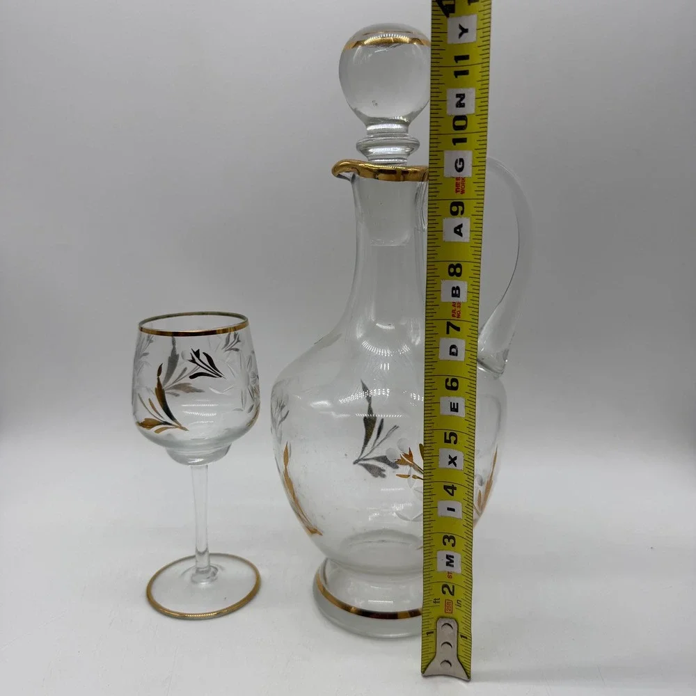 Vintage Etched Glass Decanter and Wine Glass Set Gold Silver‎ Leaf Floral Design
